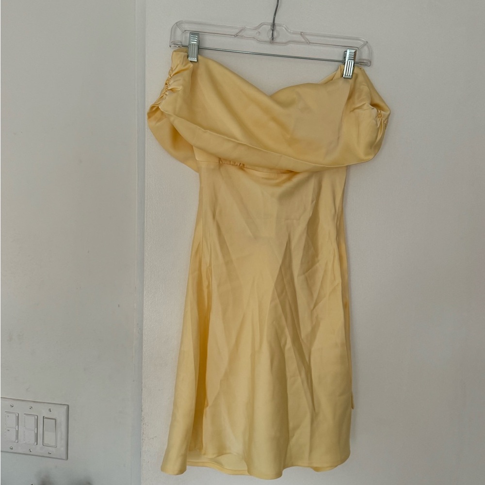 Beginning Boutique Satin Yellow Off the Shoulder Mini Dress